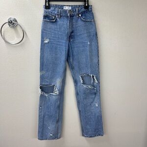 Zara light washed high rise straight legged jeans with distressing